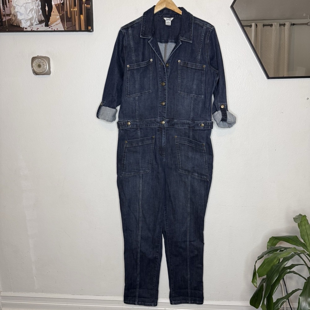 Duluth Double Flex Denim Blue Coverall Jean Roll Tab Sleeves Women's 16